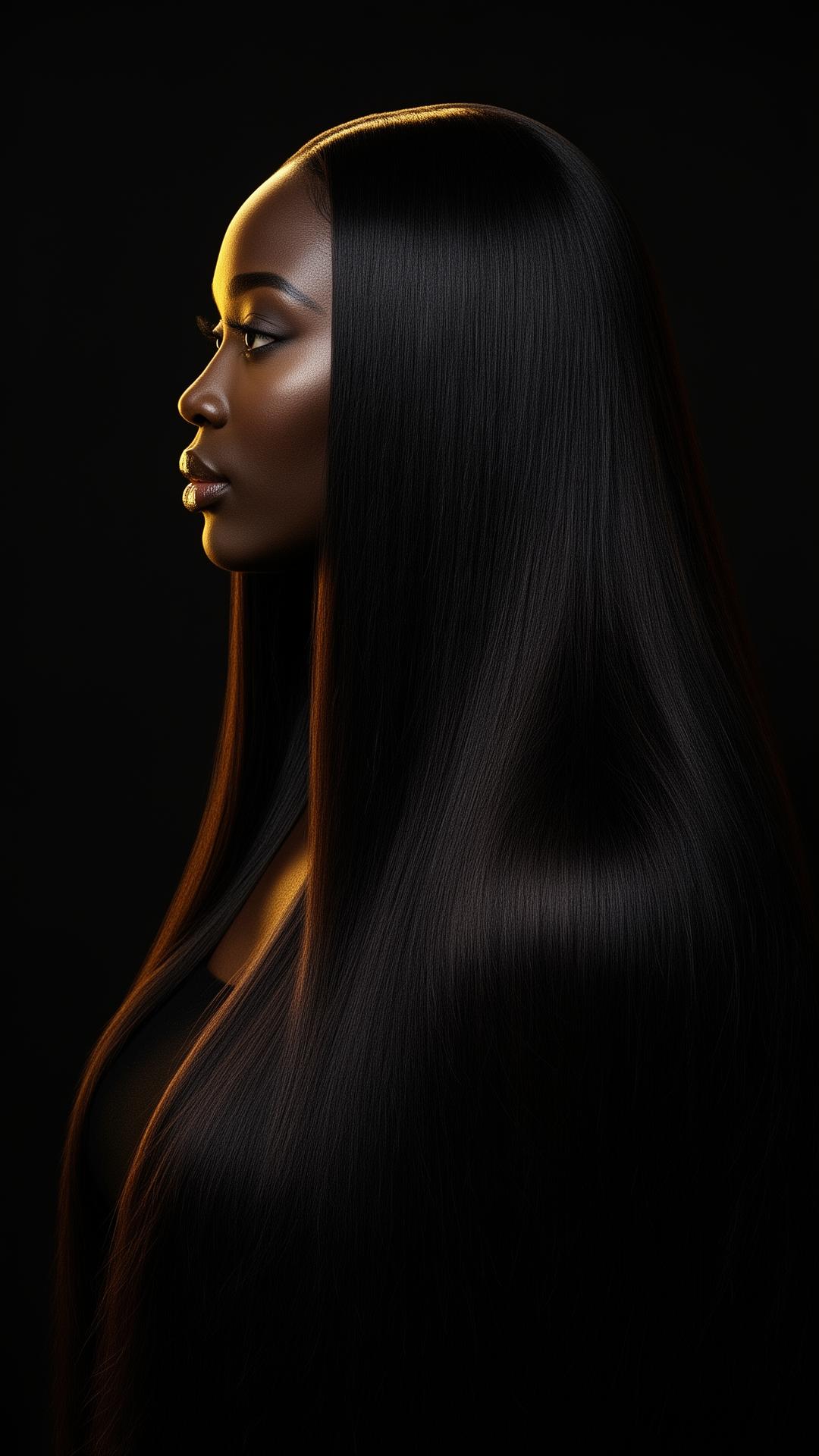 Model with luxurious flowing hair illuminated by golden light